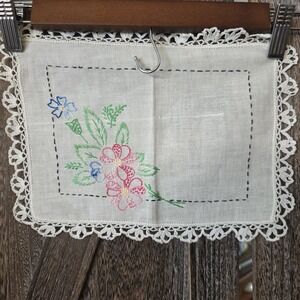 Embroidered Pink Blue Green Floral Centerpiece Table Runner Hand Stitch 11" x 8"